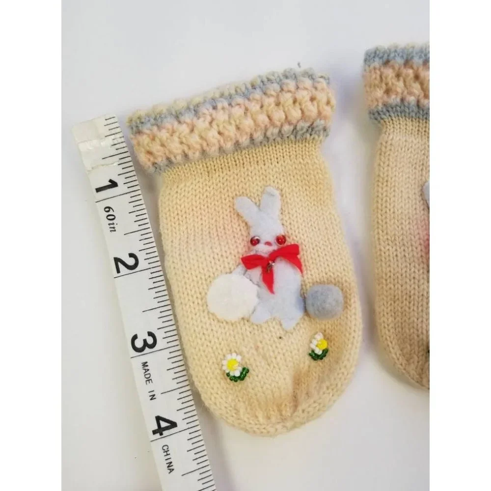 Vtg MCM Infants Knit Mittens with Bunny Applique and Beading